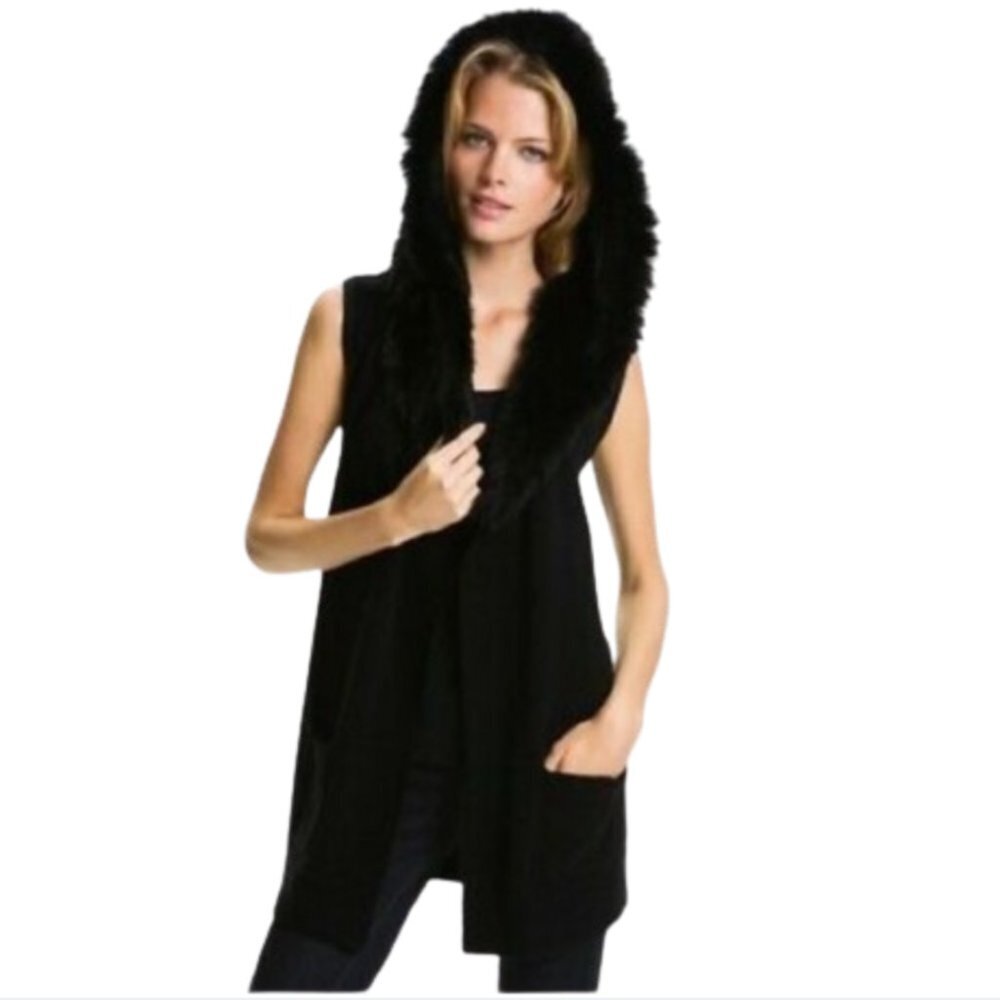 Theory Hooded Sweater Vest Womens Medium Gray Black Wool Rabbit Fur Mid Length